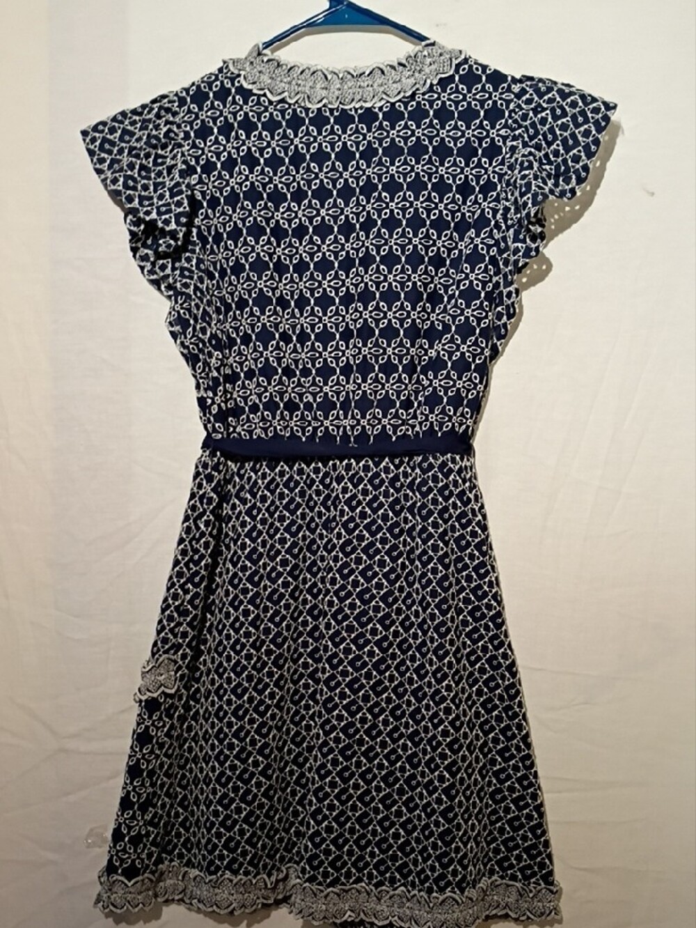 Express Navy Cotton Wrap Midi Dress with White Lace Trim, Sz 4, NWOT - Picture 11 of 16